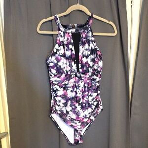 NWT Tempt Me Womens Floral Halter One-Piece Swimsuit Mesh Removable Pads Sz L